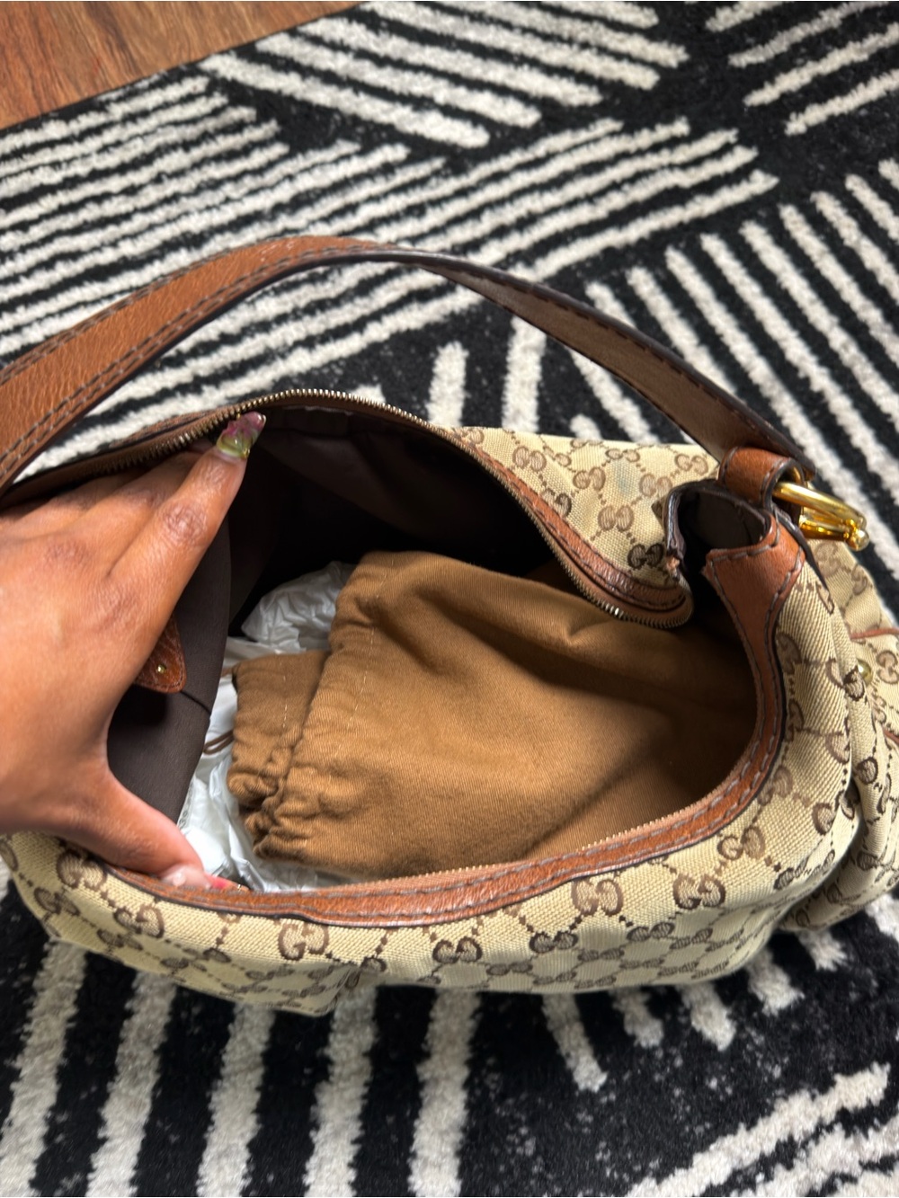 Beige Monogram Shoulder Bag with Brown Leather Trim - Picture 6 of 9